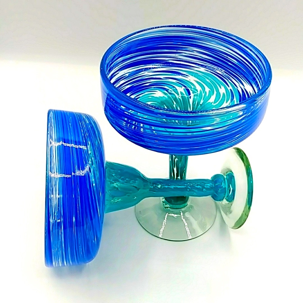 2 Hand Blown Margarita Glasses. Blue & Green Swirls. - Picture 4 of 8